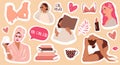 Vector stickers set. Female cartoon badges with.